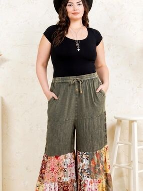 Young Threads Olive Boho Wide-Leg Patchwork Embroidered Pants (Red &Black)